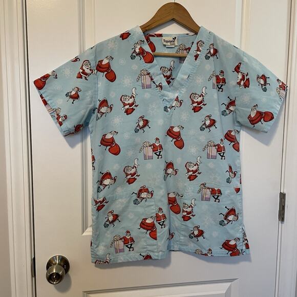 Peppermint Santa Print Scrub Top Blue Red White Holiday Christmas 100% Cotton - Picture 2 of 8